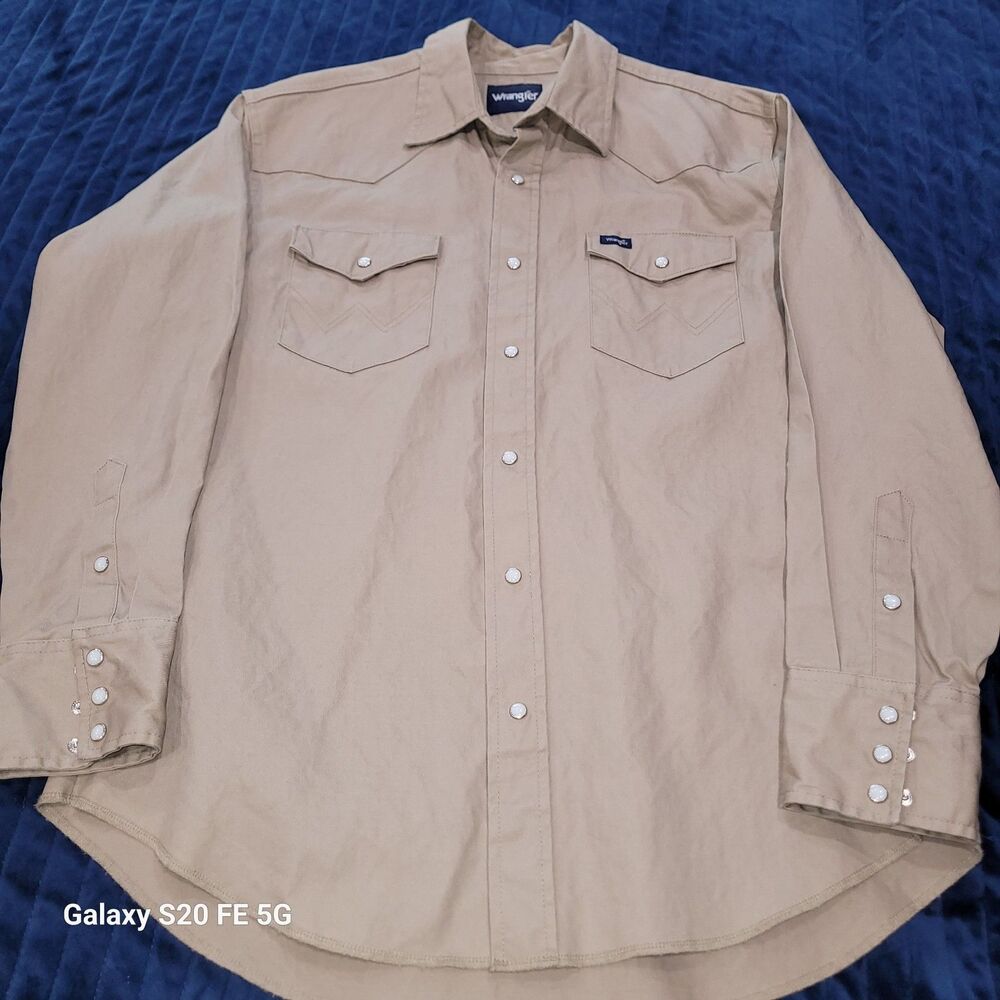 Vintage Wrangler Men Western Pearl Snap Shirt Tan Cotton Twill Large B28